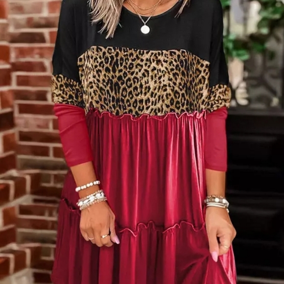 Dresses & Skirts - NWT - Leopard Color Block Ruffled Splicing Dress - Red